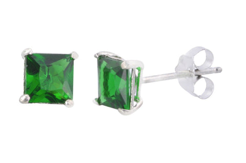 Emerald Earrings Square CZ May Birthstone Stud Earrings .925 Silver Basket Set - Jewelryland.com