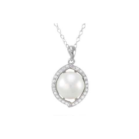 925 Sterling Silver Freshwater Pearl Necklace Glitzy CZ Frame - Jewelryland.com