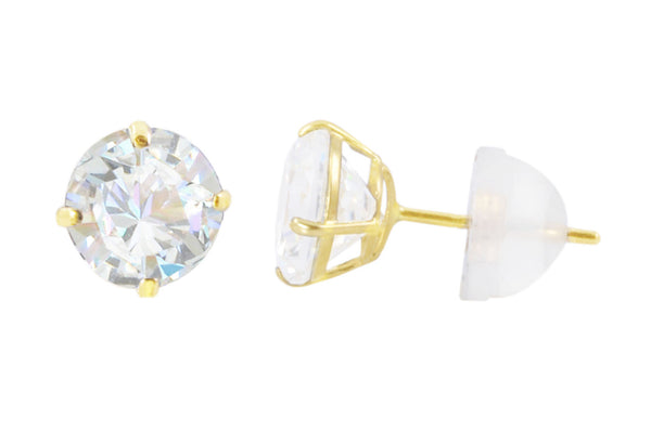 14k Yellow Gold Clear Round Basket Cubic Zirconia Stud Earrings Silicone Backs - Jewelryland.com