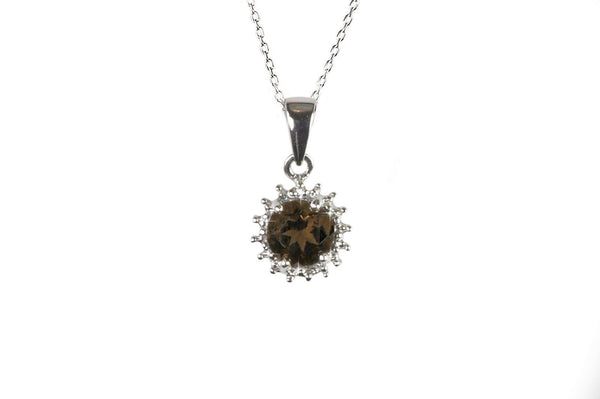 Sterling Silver Diamond and Smoky Quartz Necklace - 6mm Round Stone, 18" Chain - Jewelryland.com