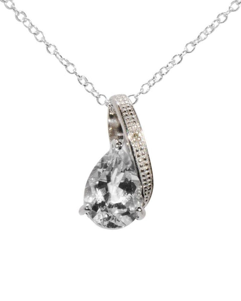 Sterling Silver Diamond (.0033ct) and White Topaz (2ct) Teardrop Necklace, 18" - Jewelryland.com
