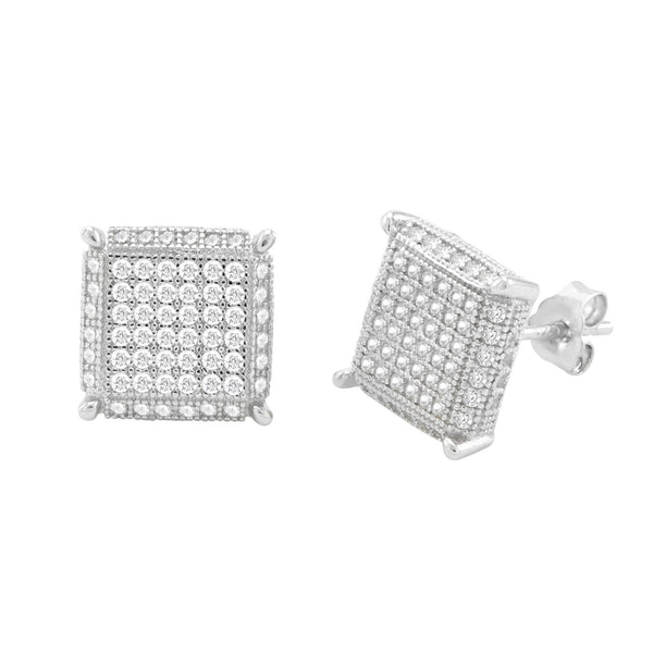 Sterling Silver Stud Earrings Clear Micropave 3d Square 4 Corner Accents 10mm - Jewelryland.com