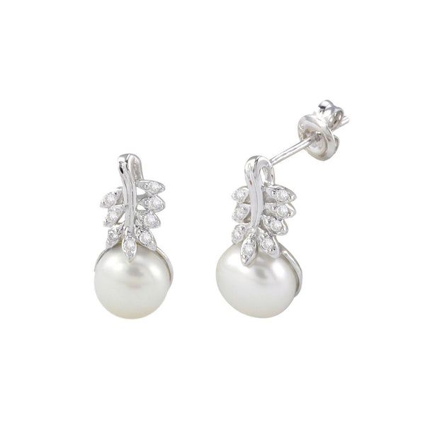 White Freshwater Pearl Earrings White Cubic Zirconia Leaf Design Sterling Silver - Jewelryland.com