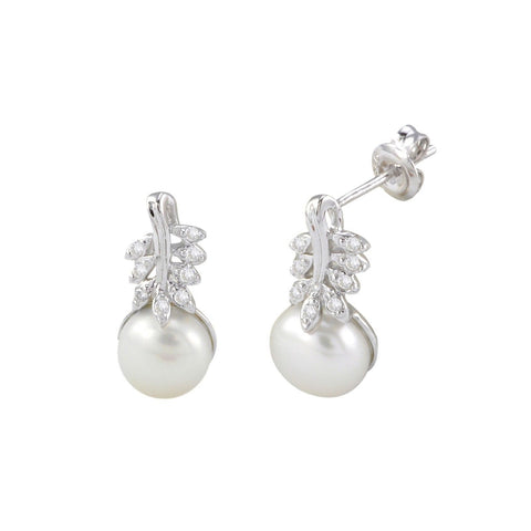 White Freshwater Pearl Earrings White Cubic Zirconia Leaf Design Sterling Silver - Jewelryland.com