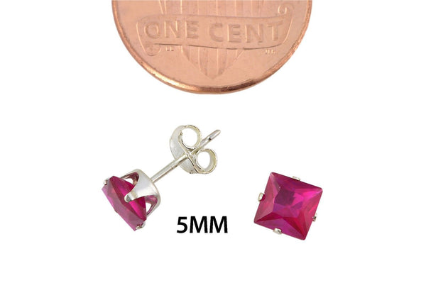 Sterling Silver Square Ruby CZ July Birthstone Prong Earrings Cubic Zirconia - Jewelryland.com