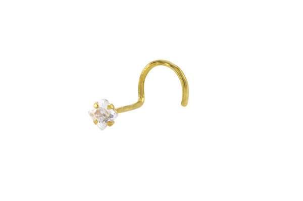 22G Nose Stud 14k Yellow Gold 2mm Square White CZ Nose Screw Prong Setting - Jewelryland.com