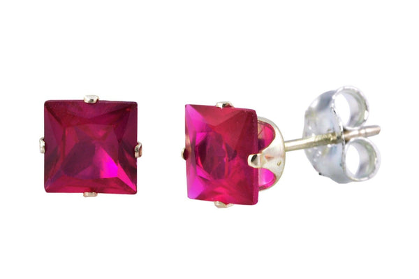 Sterling Silver Square Ruby CZ July Birthstone Prong Earrings Cubic Zirconia - Jewelryland.com