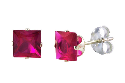 Sterling Silver Square Ruby CZ July Birthstone Prong Earrings Cubic Zirconia - Jewelryland.com