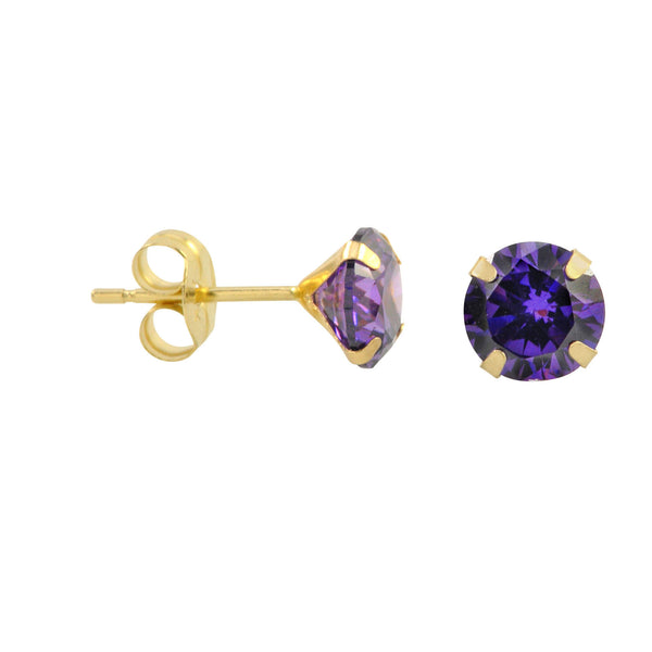 10k Yellow Gold Purple Amethyst CZ Stud Earrings Cubic Zirconia Round Prong Set - Jewelryland.com