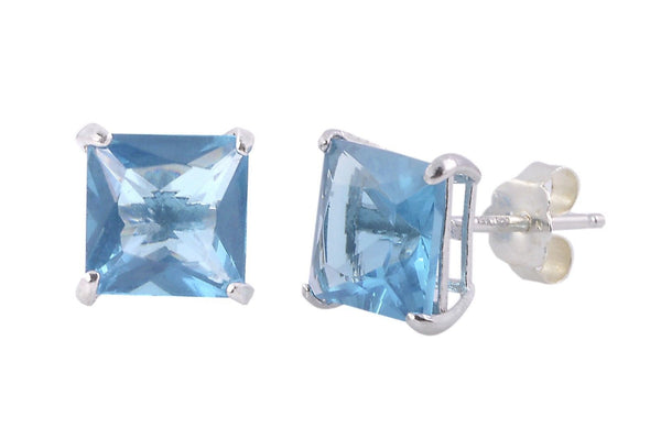 Square Blue Topaz CZ December Birthstone Stud Earrings .925 Silver Basket Set - Jewelryland.com