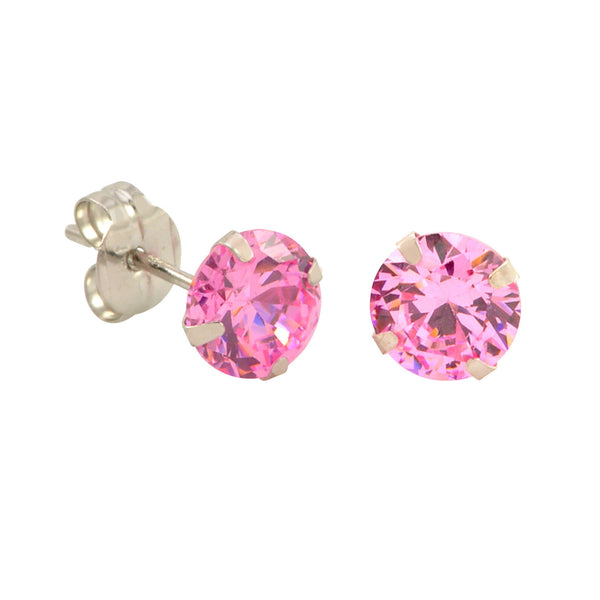 10k White Gold Pink Cubic Zirconia Stud Earrings Round CZ Prong Setting - Jewelryland.com