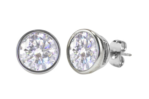 Round Clear CZ Bezel Set Stainless Steel Mens Women Stud Earrings Cubic Zirconia - Jewelryland.com