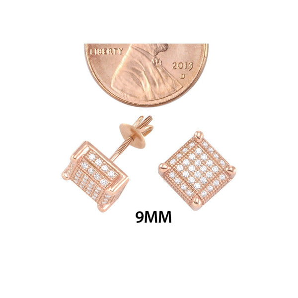 Mens Womens Studs Screwback Earrings Rose Gold Plated Micropave CZ 9mm Square 3d - Jewelryland.com