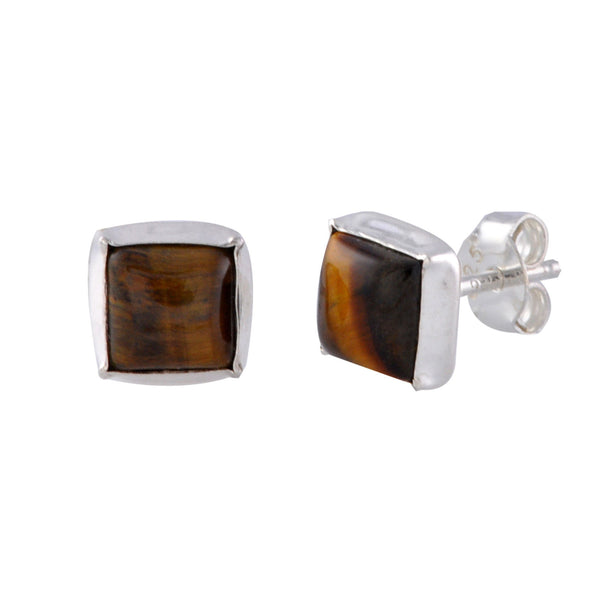 Sterling Silver Gemstone Stud Earrings Tiger's Eye 7mm Square - Jewelryland.com