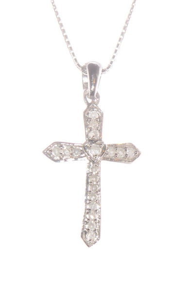 Sterling Silver Diamond Cross Necklace, 16" chain - .25 ct - Jewelryland.com