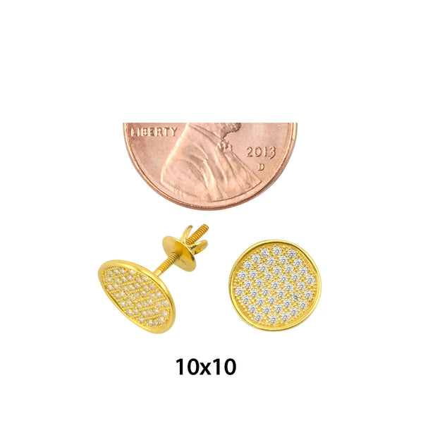 Sterling Silver Screw Back Earrings Yellow Gold Plated Pave CZ Studs 10mm Circle - Jewelryland.com