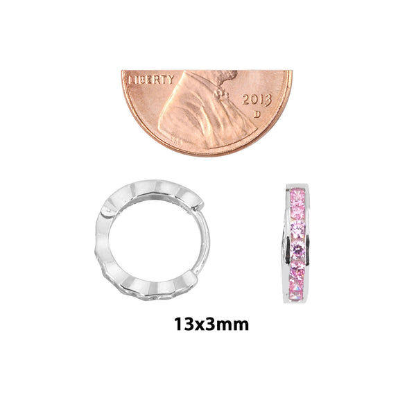 Sterling Silver Hoop Earrings 1 Row Pink Cubic Zirconia Fancy Setting 13mm x 3mm - Jewelryland.com