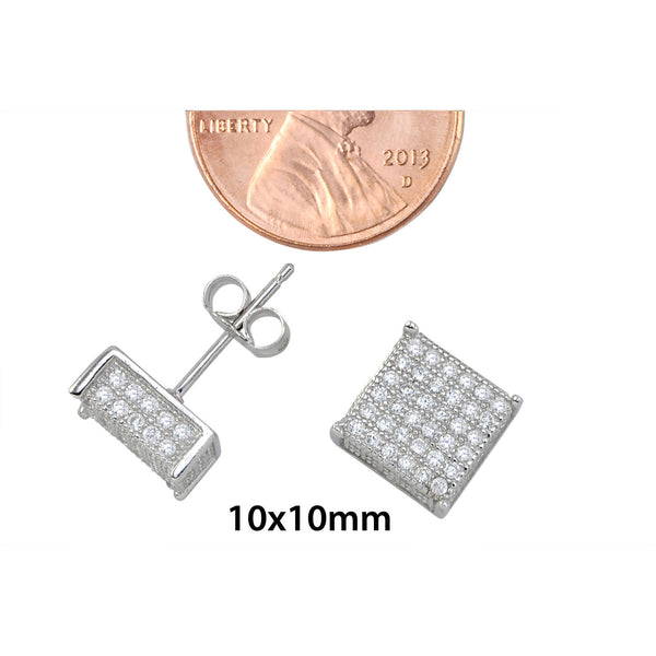 Sterling Silver Micro Pave Stud Earrings Clear Square 3d Sidestones 10mm x 10mm - Jewelryland.com
