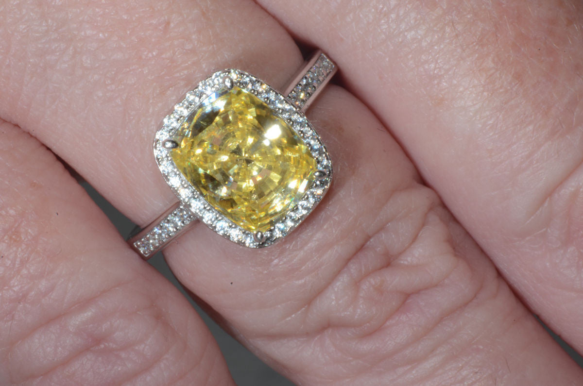 Sterling Silver Canary Yellow Cushion Cut Cubic Zirconia Ring Jewelryland