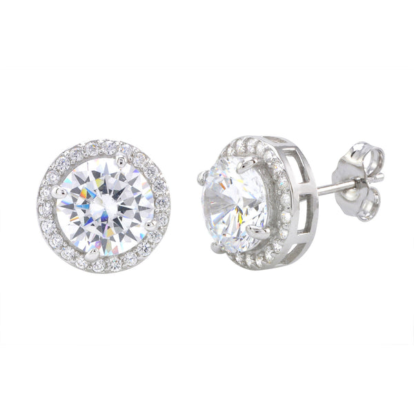 Sterling Silver Large Round Halo Cubic Zirconia Stud Earrings Micropave 11mm - Jewelryland.com