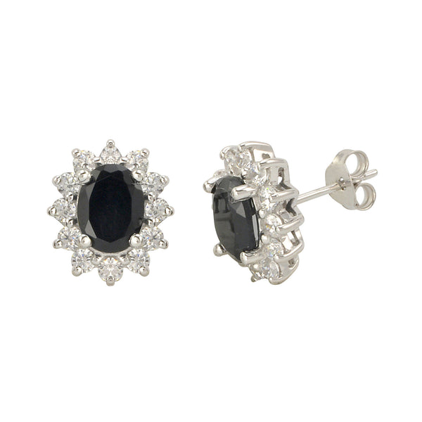 Black Onyx Gemstone Flower Stud Earrings Sterling Silver Micropave CZ Accent - Jewelryland.com