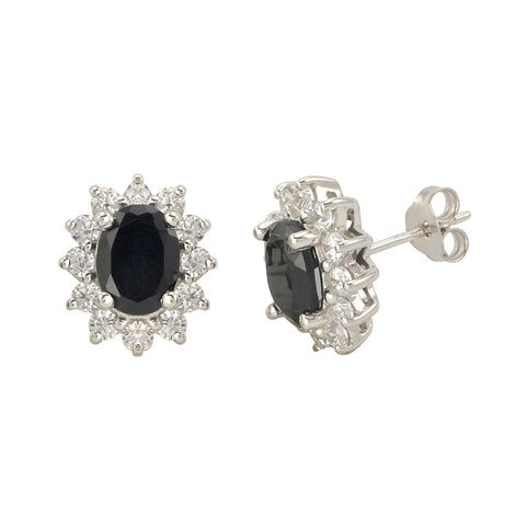 Black Onyx Gemstone Flower Stud Earrings Sterling Silver Micropave CZ Accent - Jewelryland.com
