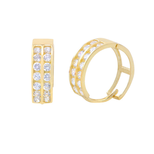 14k Yellow Gold Huggie Hoop Earrings Two Row Cubic Zirconia 12mm - Jewelryland.com