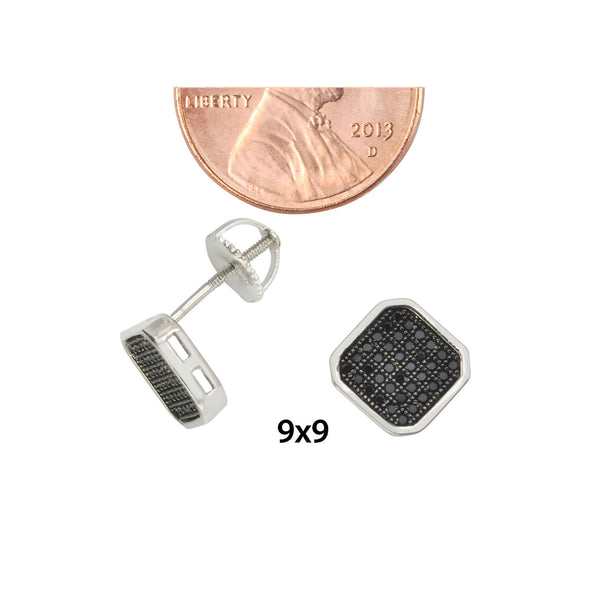 Micropave Screwback Earrings Sterling Silver Black CZ Zirconia 9mm Square Shaped - Jewelryland.com