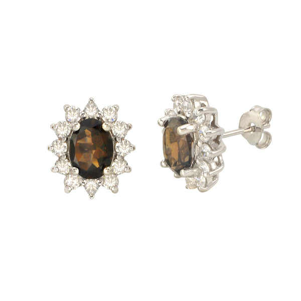 Smoky Quartz Gemstone Flower Stud Earrings Sterling Silver Micropave CZ Accent - Jewelryland.com