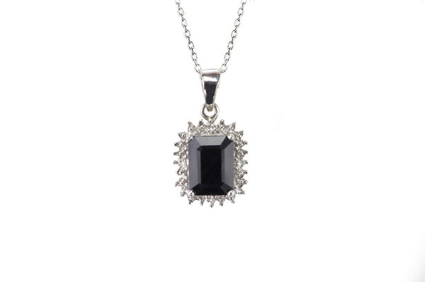 2 ct Sapphire & Diamond Pendant Necklace Sterling Silver - Rectangle Gemstone - Jewelryland.com