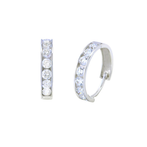 14k White Gold Huggie Hoop Earrings Snap Closure Cubic Zirconia 14mm x 3mm - Jewelryland.com
