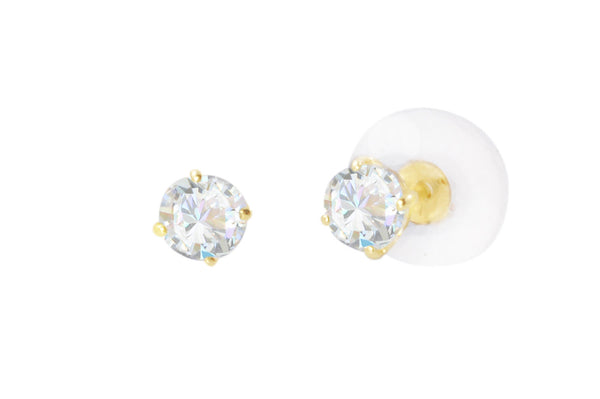 14k Yellow Gold Clear Round Basket Cubic Zirconia Stud Earrings Silicone Backs - Jewelryland.com