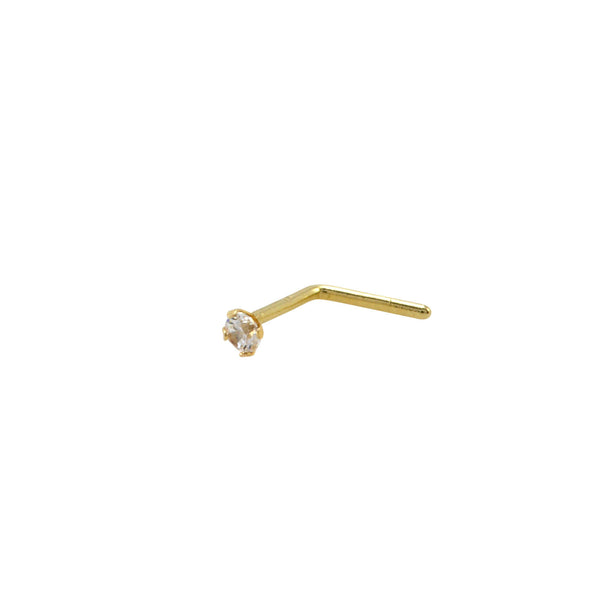 Nose Stud 22G 14k Yellow Gold 2mm Clear CZ L Shaped Bent Nose Pin Flat Setting - Jewelryland.com