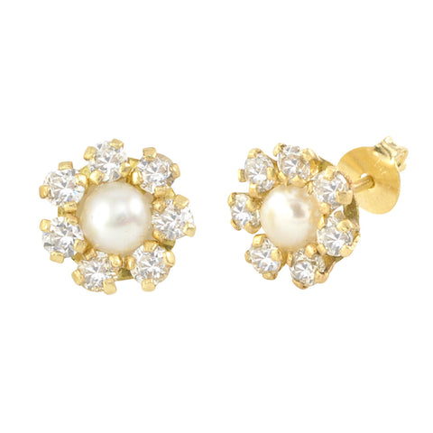 10k Yellow Gold Pearl Flower Stud Earrings Cubic Zirconia with Pushbacks 8mm - Jewelryland.com