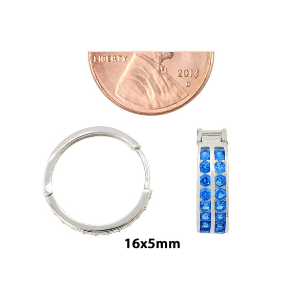 Sterling Silver Huggie Hoop Earrings 2 Row Blue Cubic Zirconia 16mm x 5mm - Jewelryland.com