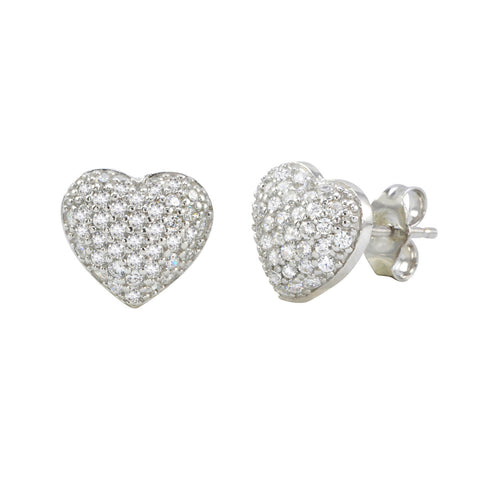 Sterling Silver Micropave Heart Stud Earrings Clear CZ Cubic Zirconia 10mm - Jewelryland.com