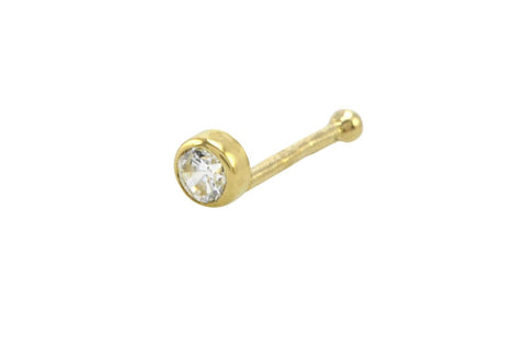 14k Yellow Gold Tiny Nose Stud 22G 3 mm White Round CZ Bezel Set Nose Bone - Jewelryland.com