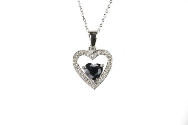 Sterling Silver Diamond and Dark Sapphire Heart Necklace with Heart Stone, 18" - Jewelryland.com