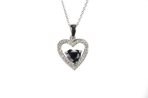 Sterling Silver Diamond and Dark Sapphire Heart Necklace with Heart Stone, 18" - Jewelryland.com