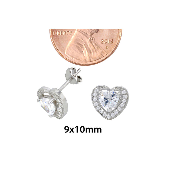 Sterling Silver Halo Cubic Zirconia Heart Stud Earrings Micropave 9mm x 10mm - Jewelryland.com
