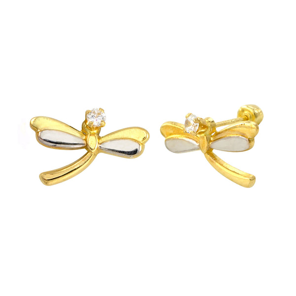 Dragonfly Stud Earrings 10k Gold Two Tone Gold Yellow and White Screwbacks 8x13 - Jewelryland.com