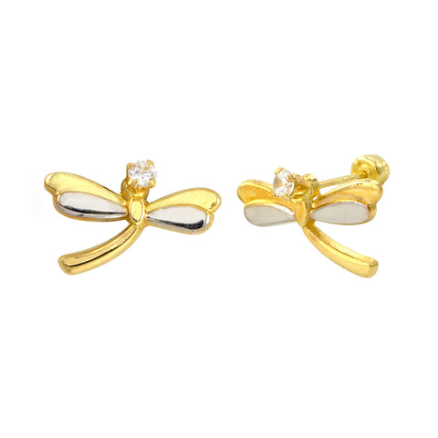 Dragonfly Stud Earrings 10k Gold Two Tone Gold Yellow and White Screwbacks 8x13 - Jewelryland.com