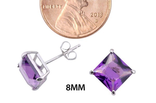 Square Amethyst CZ February Birthstone Stud Earrings Sterling Silver Basket Set - Jewelryland.com
