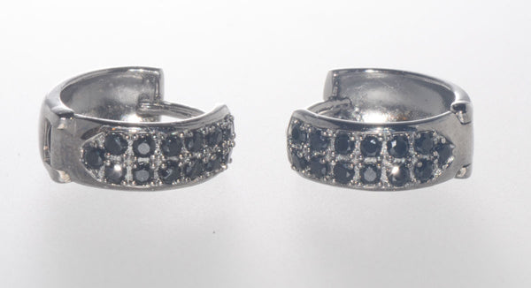 Sterling Silver Black Hoop Earrings 2 Row Cubic Zirconia 13mm x 5mm - Jewelryland.com