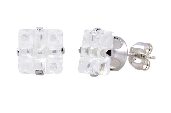 Invisible Cut Square Clear CZ Stud Earrings Sterling Silver Cubic Zirconia - Jewelryland.com