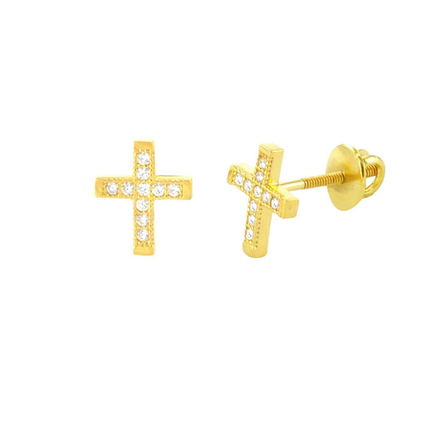 Mini Cross Screwback Earrings Yellow Gold Plated Pave CZ Cubic Zirconia 9mm - Jewelryland.com