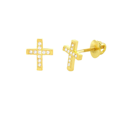 Mini Cross Screwback Earrings Yellow Gold Plated Pave CZ Cubic Zirconia 9mm - Jewelryland.com
