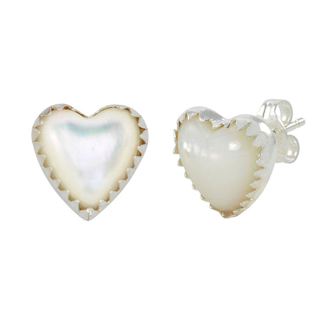 Sterling Silver Mother of Pearl Gemstone Earrings Heart-Shaped Studs 11mm - Jewelryland.com