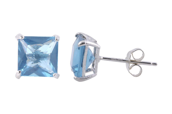 Square Blue Topaz CZ December Birthstone Stud Earrings .925 Silver Basket Set - Jewelryland.com