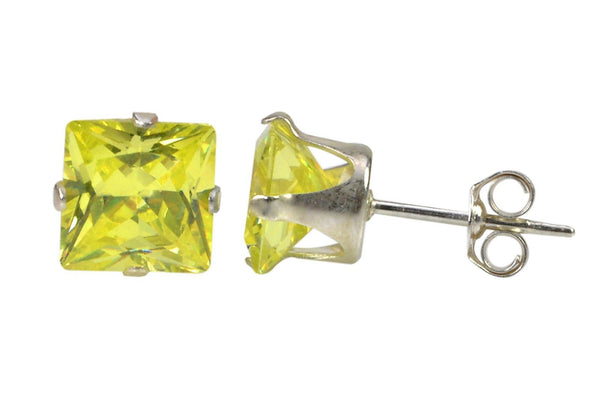 Square Peridot Cubic Zirconia Stud Earrings August Birthstone .925 Silver Prong - Jewelryland.com